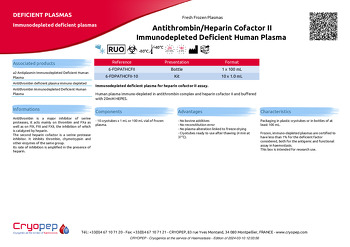 Product sheet Antithrombin/Heparin Cofactor II Immunodepleted Deficient Human Plasma 