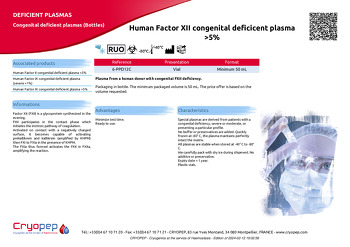 Product sheet Human Factor XII congenital deficicent plasma >5%