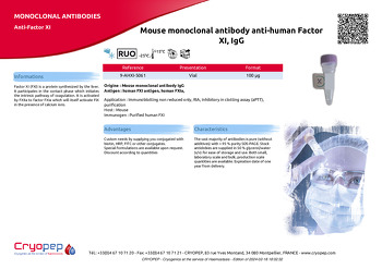 Product sheet Mouse monoclonal antibody anti-human Factor XI, IgG