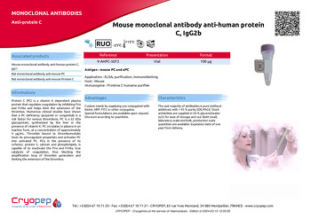 Product sheet Mouse monoclonal antibody anti-human protein C, IgG2b