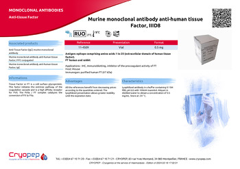 Product sheet Murine monoclonal antibody anti-human tissue Factor, IIID8