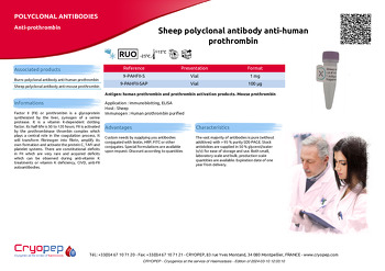 Product sheet Sheep polyclonal antibody anti-human prothrombin