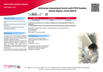 Fiche produit Anticorps monoclonal murin anti-FVIII humain, chaîne légère, clone ESH-8