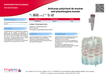 Fiche produit Anticorps polyclonal de mouton anti-plasminogène humain