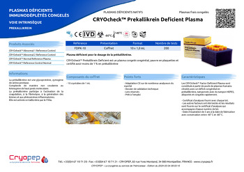 Fiche produit CRYOcheck™ Prekallikrein Deficient Plasma