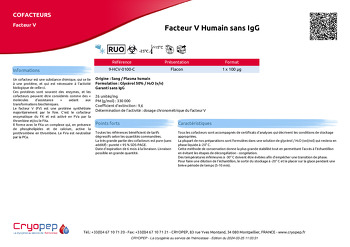 Fiche produit Facteur V Humain sans IgG