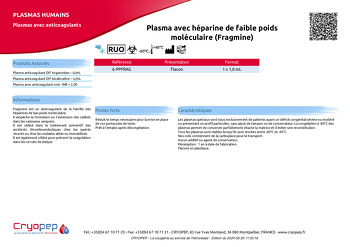 Fiche produit Plasma avec héparine de faible poids moléculaire (Fragmine)