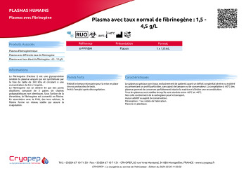 Fiche produit Plasma avec taux normal de fibrinogène : 1,5 - 4,5 g/L