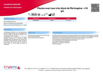 Fiche produit Plasma avec taux très élevé de fibrinogène : >10 g/L