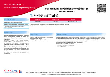 Fiche produit Plasma humain Déficient congénital en antithrombine