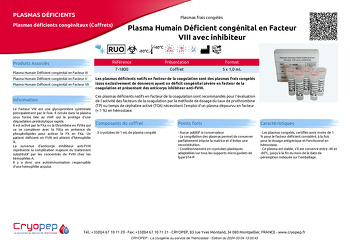 Fiche produit Plasma Humain Déficient congénital en Facteur VIII avec inhibiteur