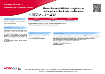 Fiche produit Plasma humain Déficient congénital en kininogène de haut poids moléculaire