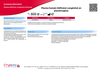 Fiche produit Plasma humain Déficient congénital en plasminogène