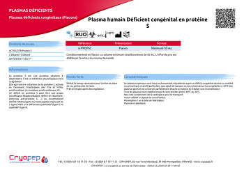 Fiche produit Plasma humain Déficient congénital en protéine S