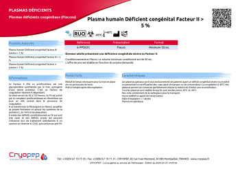 Fiche produit Plasma humain Déficient congénital Facteur II > 5 %