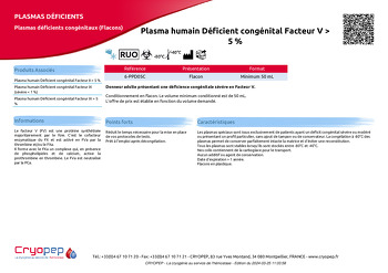 Fiche produit Plasma humain Déficient congénital Facteur V > 5 %