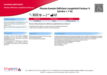 Fiche produit Plasma humain Déficient congénital Facteur V (sévère < 1 %)