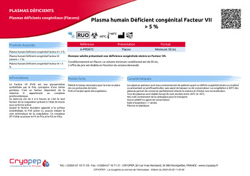 Fiche produit Plasma humain Déficient congénital Facteur VII > 5 %