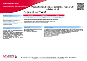 Fiche produit Plasma humain Déficient congénital Facteur VIII (sévère < 1 %)