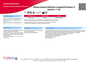 Fiche produit Plasma humain Déficient congénital Facteur X (sévère < 1 %)