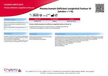 Fiche produit Plasma humain Déficient congénital Facteur XI (sévère < 1 %)