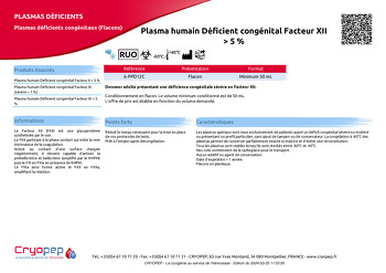 Fiche produit Plasma humain Déficient congénital Facteur XII > 5 %