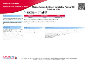 Fiche produit Plasma humain Déficient congénital Facteur XII (sévère < 1 %)