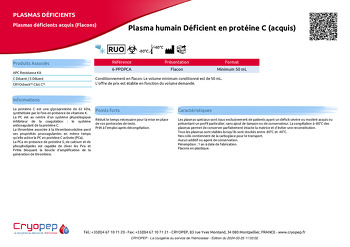 Fiche produit Plasma humain Déficient en protéine C (acquis)