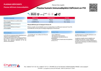 Fiche produit Plasma humain immunodéplété Déficient en FIX