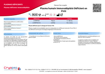 Fiche produit Plasma humain immunodéplété Déficient en FVIII