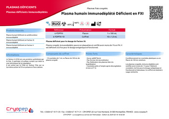 Fiche produit Plasma humain immunodéplété Déficient en FXI