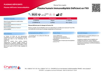 Fiche produit Plasma humain immunodéplété Déficient en FXII