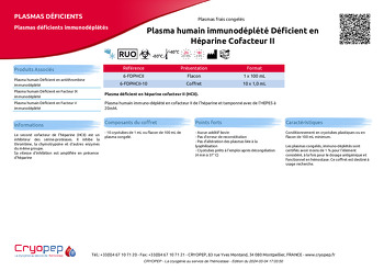 Fiche produit Plasma humain immunodéplété Déficient en Héparine Cofacteur II