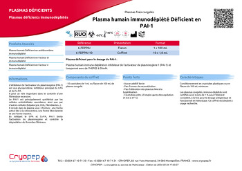 Fiche produit Plasma humain immunodéplété Déficient en PAI-1