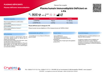 Fiche produit Plasma humain immunodéplété Déficient en t-PA