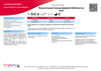 Fiche produit Plasma humain immunodéplété Déficient en TAFI