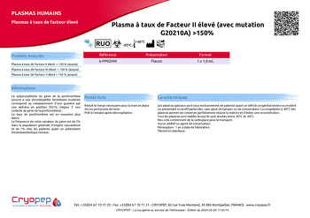 Fiche produit Plasma à taux de Facteur II élevé (avec mutation G20210A) >150% 