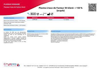 Fiche produit Plasma à taux de Facteur XII élevé  > 150 % (acquis)