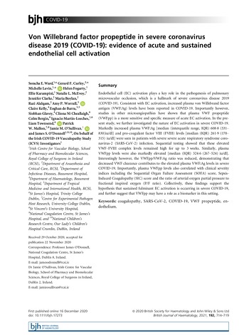 Propeptide du facteur Von Willebrand dans les formes graves du coronavirus 2019 (COVID-19) : preuve d'une activation aiguë et soutenue des cellules endothéliales